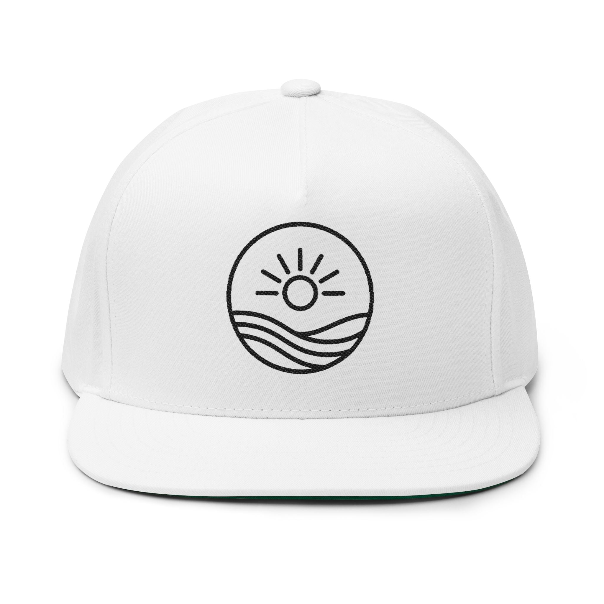 Embroidered Sun & Waves Flat Bill Cap — Snapback Trucker Hat