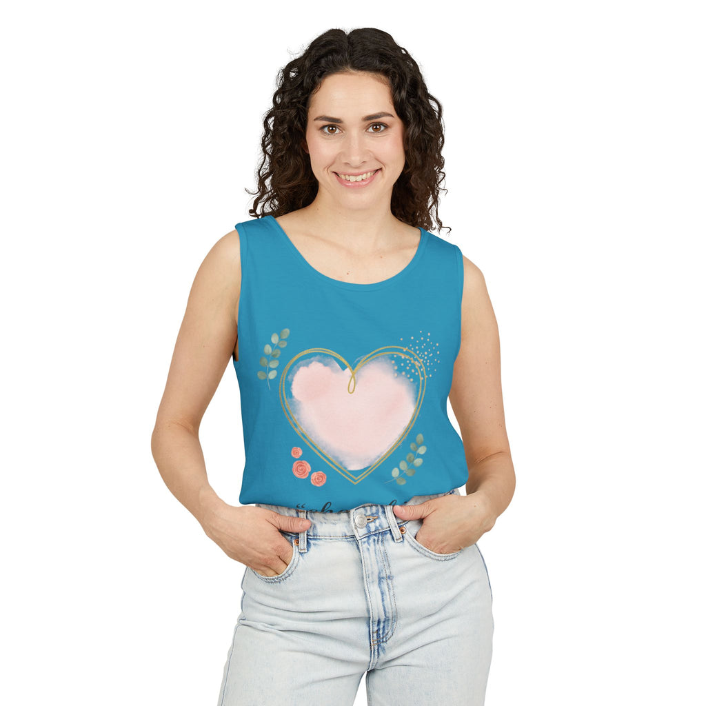 Cherish Pink Heart Tank Top — Floral Watercolor Valentine Tank