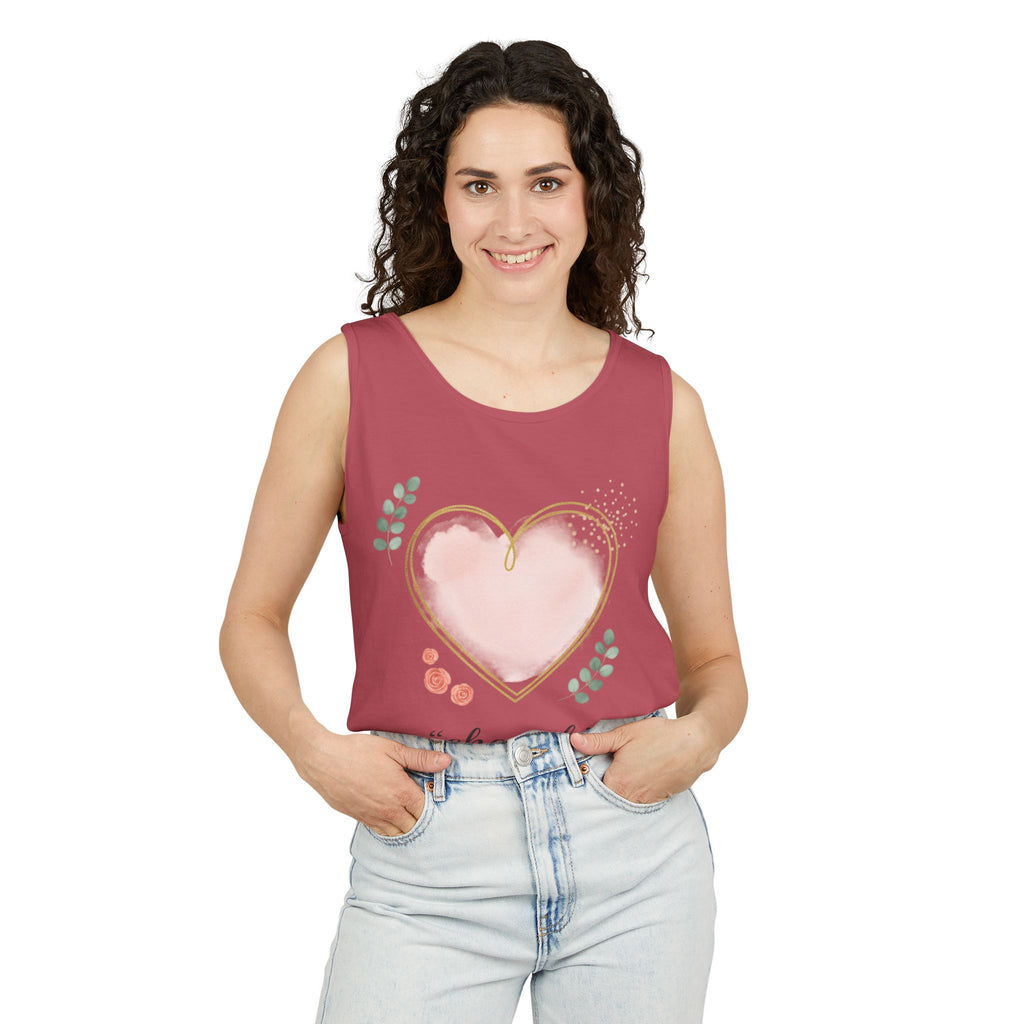 Cherish Pink Heart Tank Top — Floral Watercolor Valentine Tank