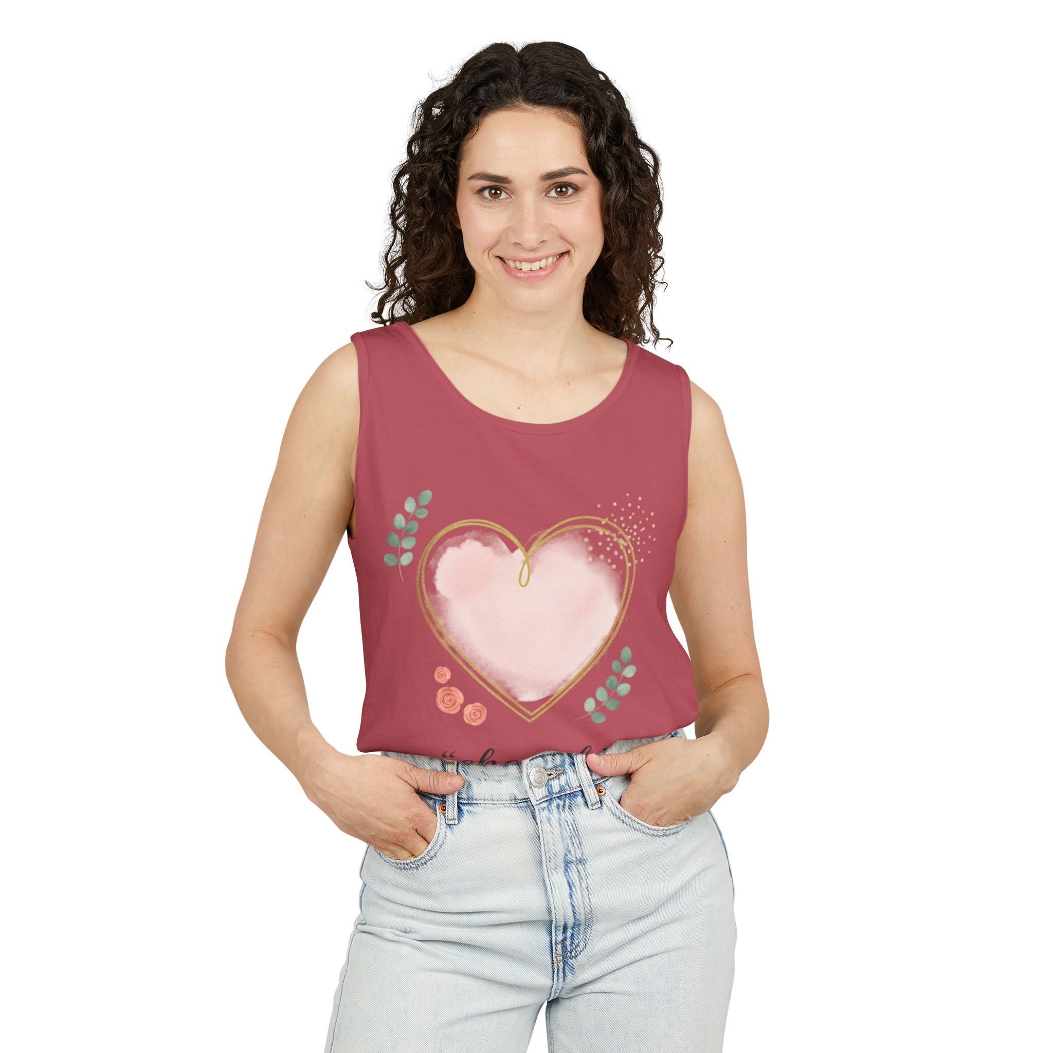 Cherish Pink Heart Tank Top — Floral Watercolor Valentine Tank