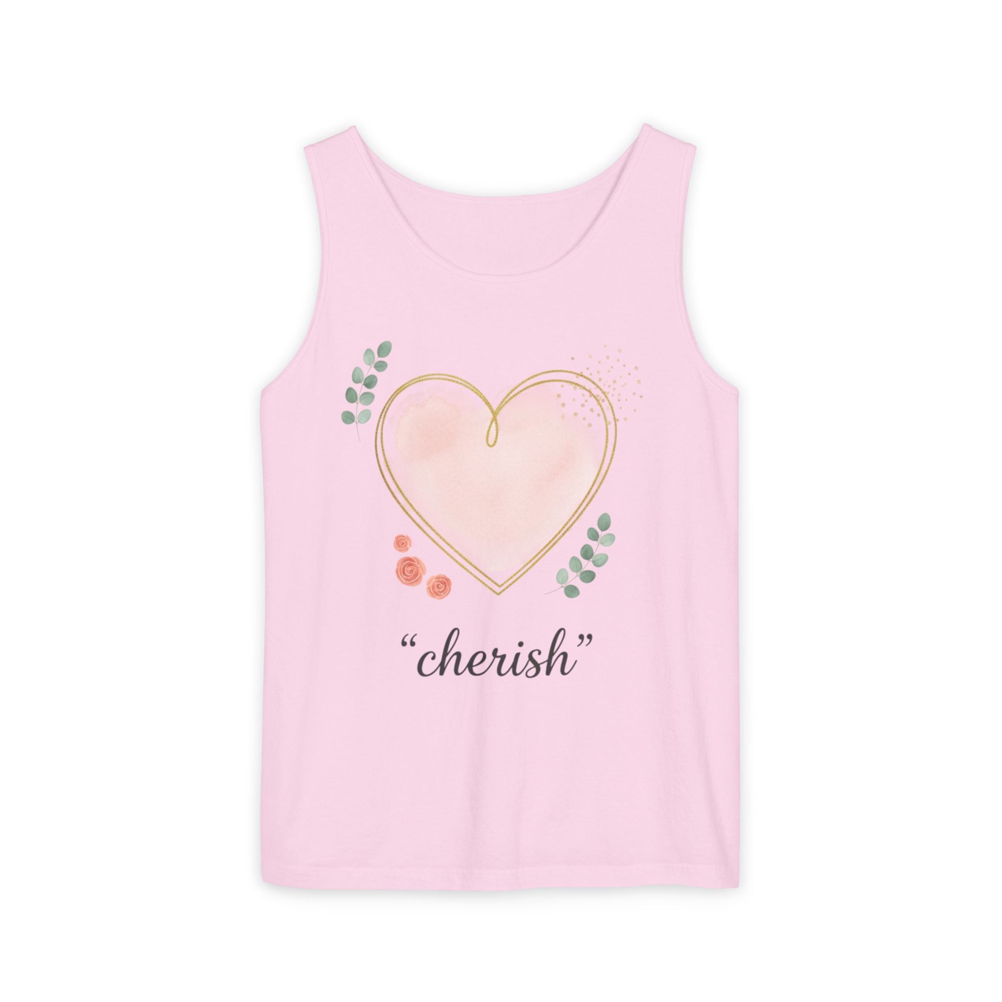 Cherish Pink Heart Tank Top — Floral Watercolor Valentine Tank