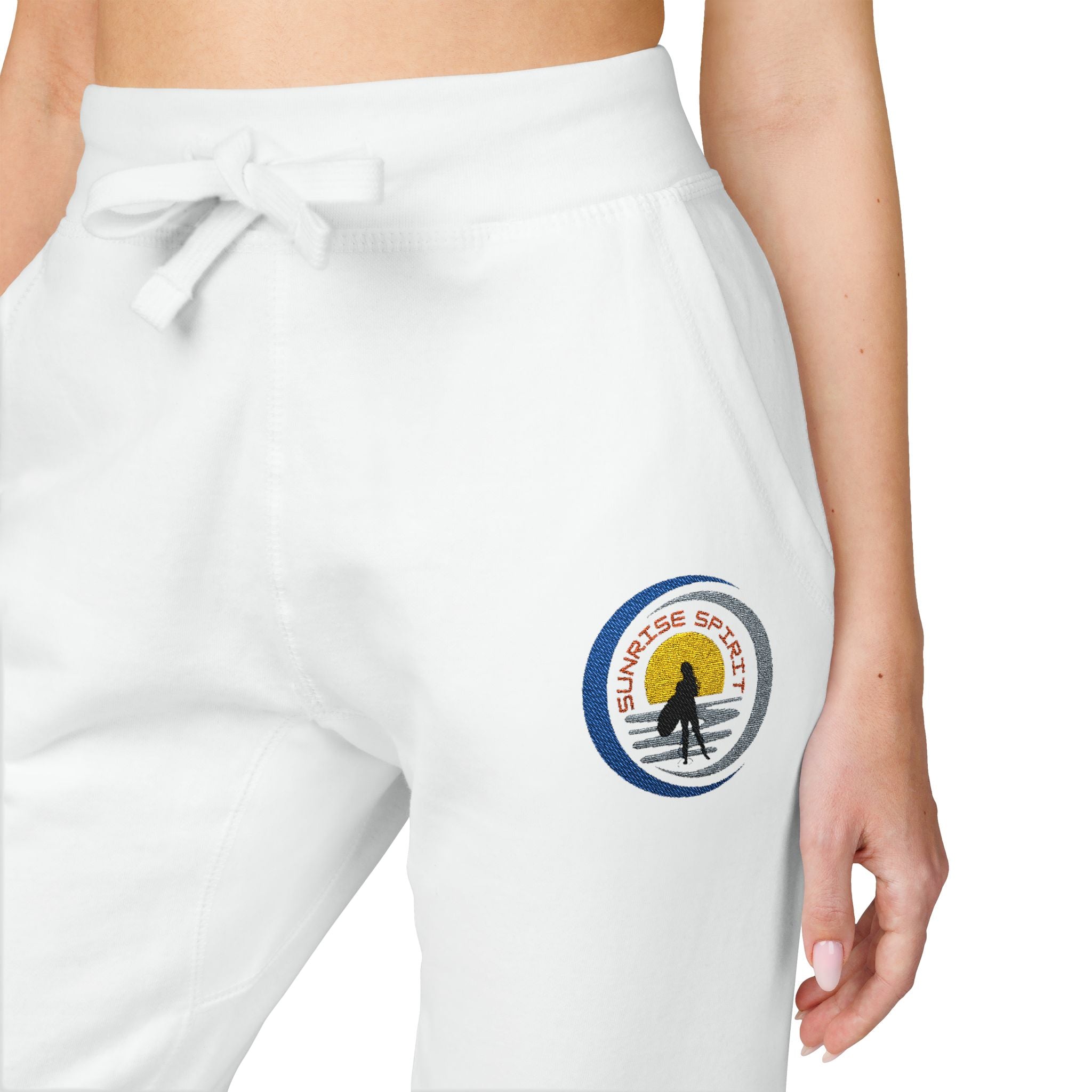 Embroidered Sunshine Logo Sweatpants — Cozy White Fleece Joggers
