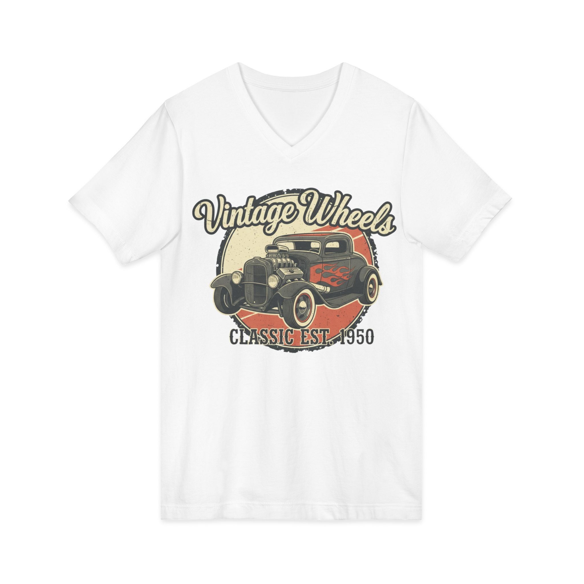 Vintage Wheels V-Neck Tee — Classic 1950 Hot Rod T-Shirt