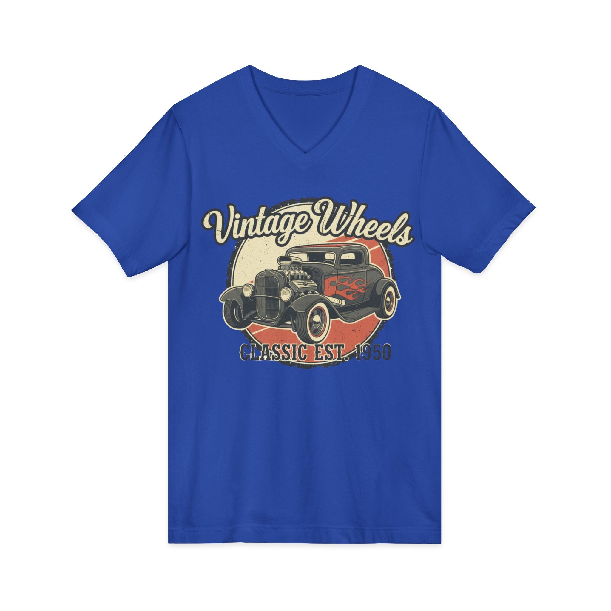 Vintage Wheels V-Neck Tee — Classic 1950 Hot Rod T-Shirt