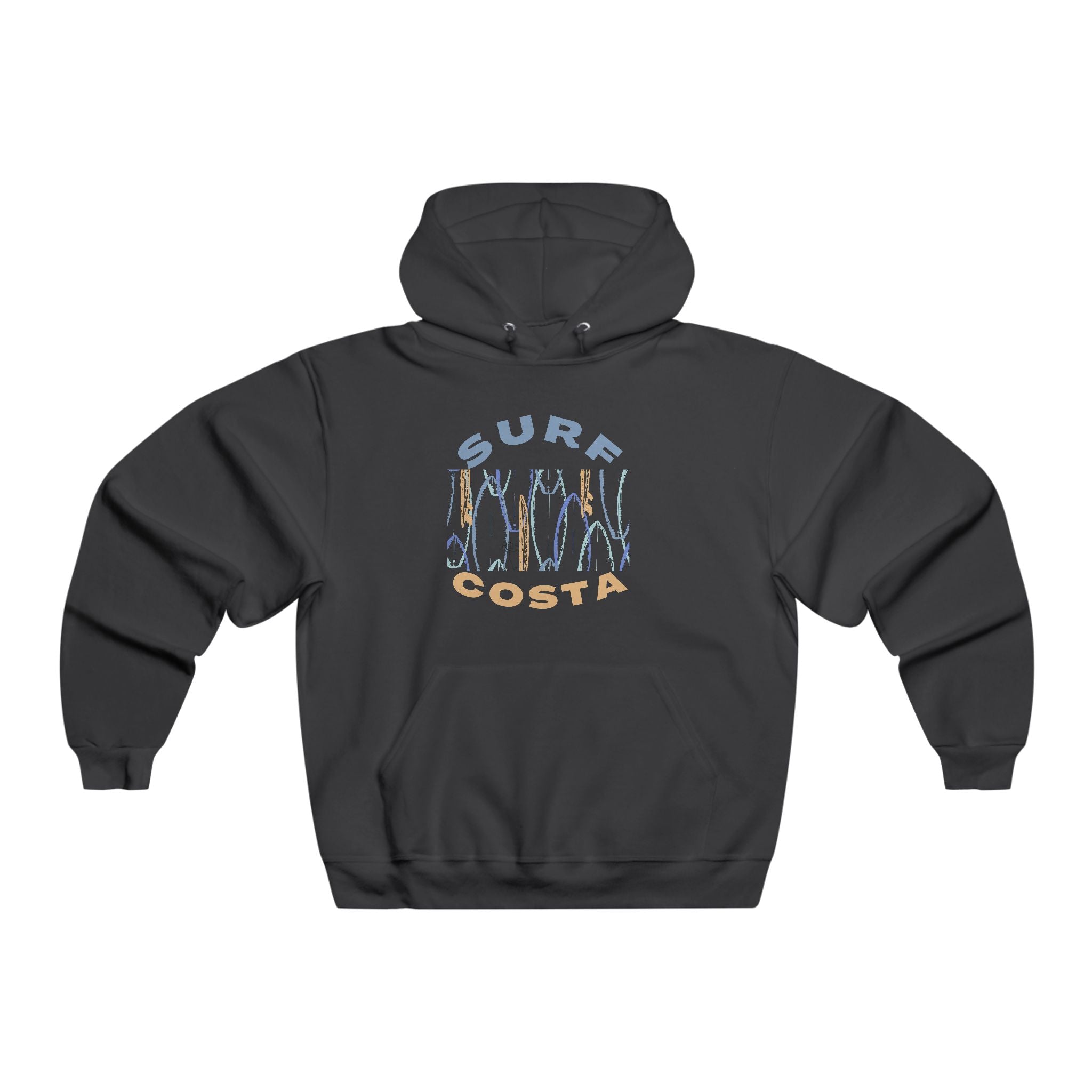 Surf Costa Hoodie — Retro Surfboard Graphic Pullover