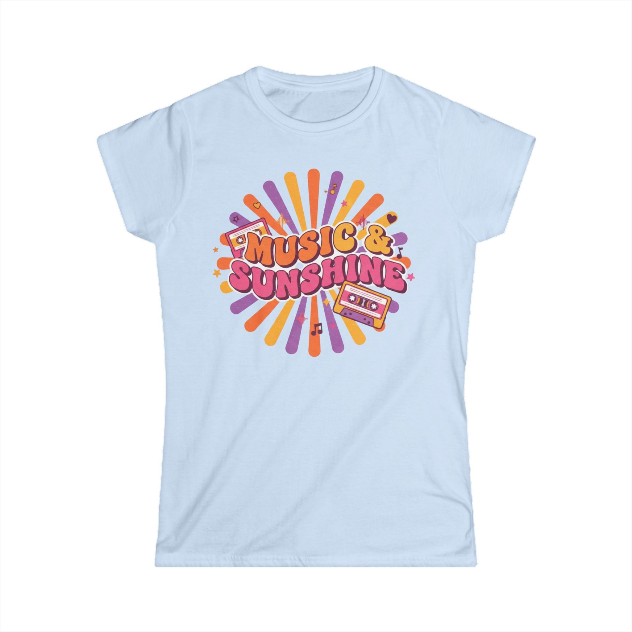 Music & Sunshine Retro Graphic Tee — 70s Vibe Cassette Shirt for Music Lovers