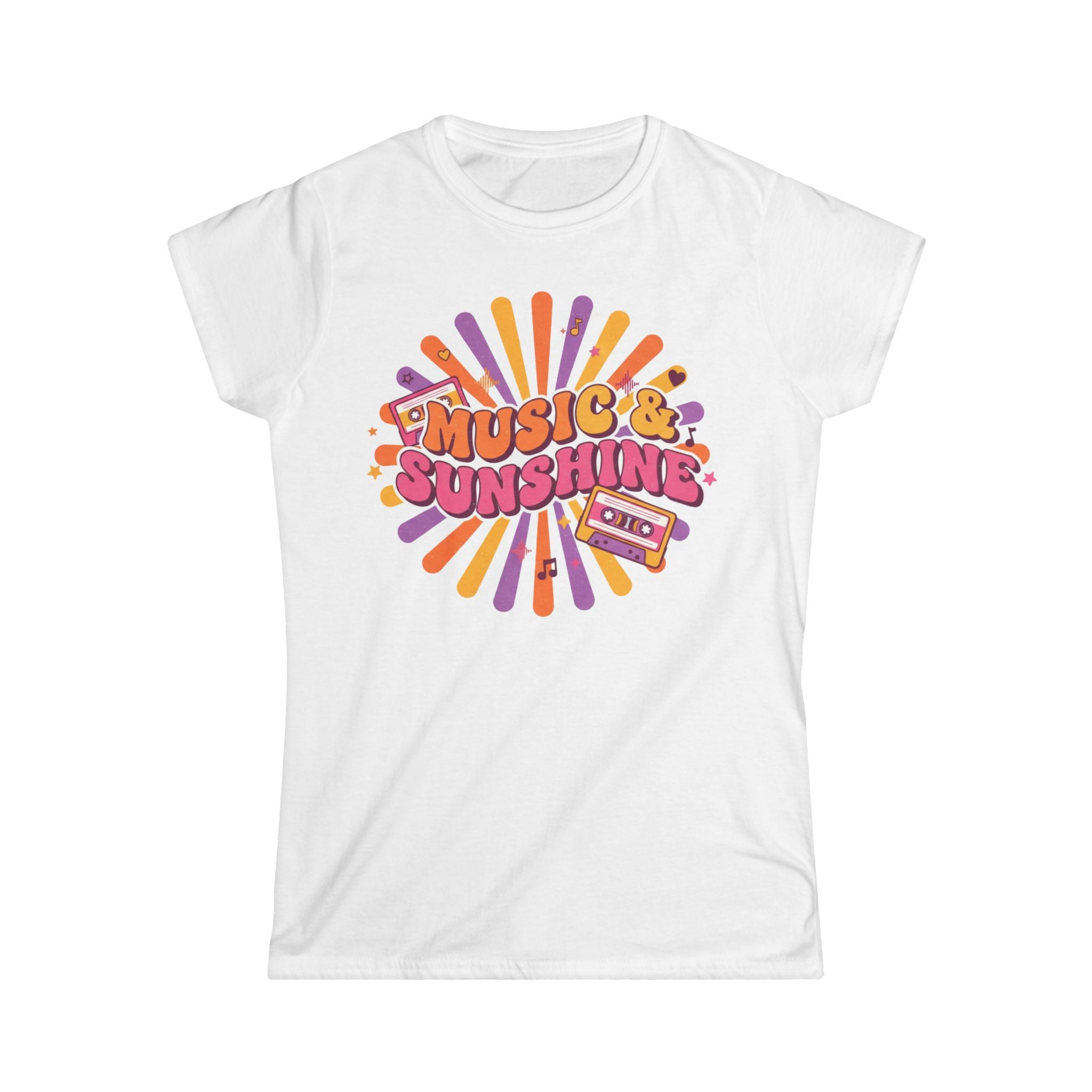 Music & Sunshine Retro Graphic Tee — 70s Vibe Cassette Shirt for Music Lovers