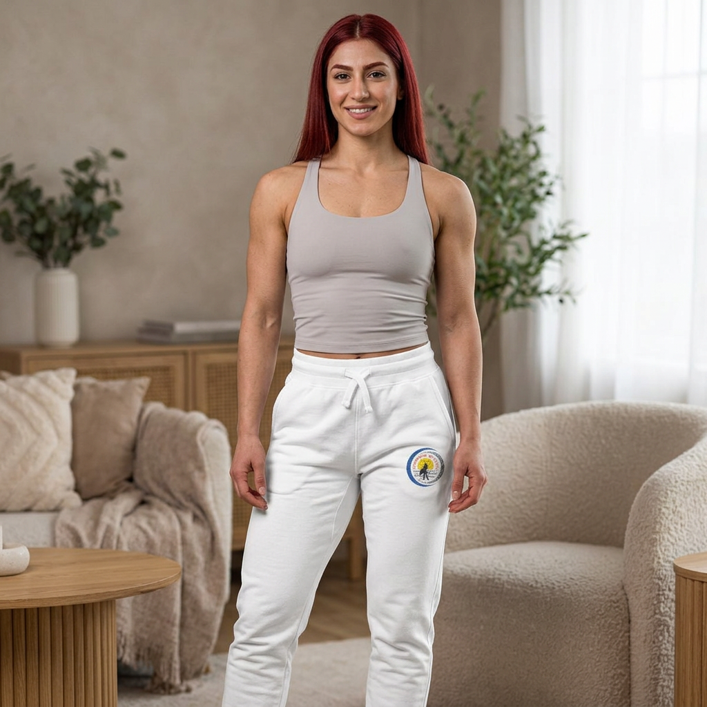 Embroidered Sunshine Logo Sweatpants — Cozy White Fleece Joggers