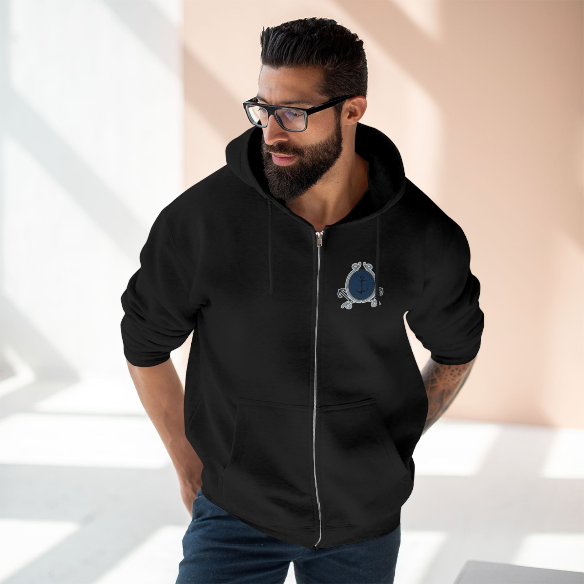 Nautical Anchor Zip Hoodie – Vintage Maritime Navy Crest