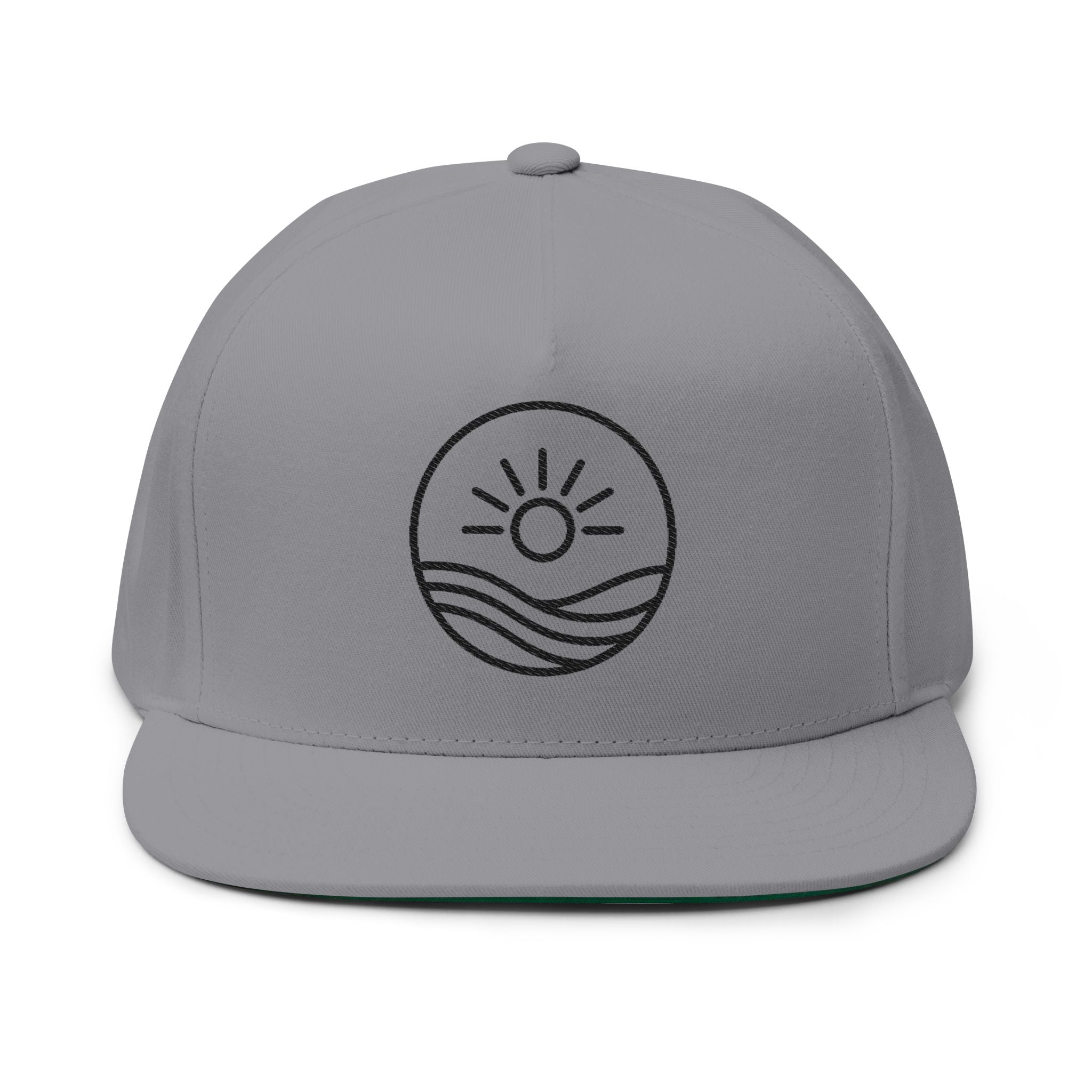 Embroidered Sun & Waves Flat Bill Cap — Snapback Trucker Hat