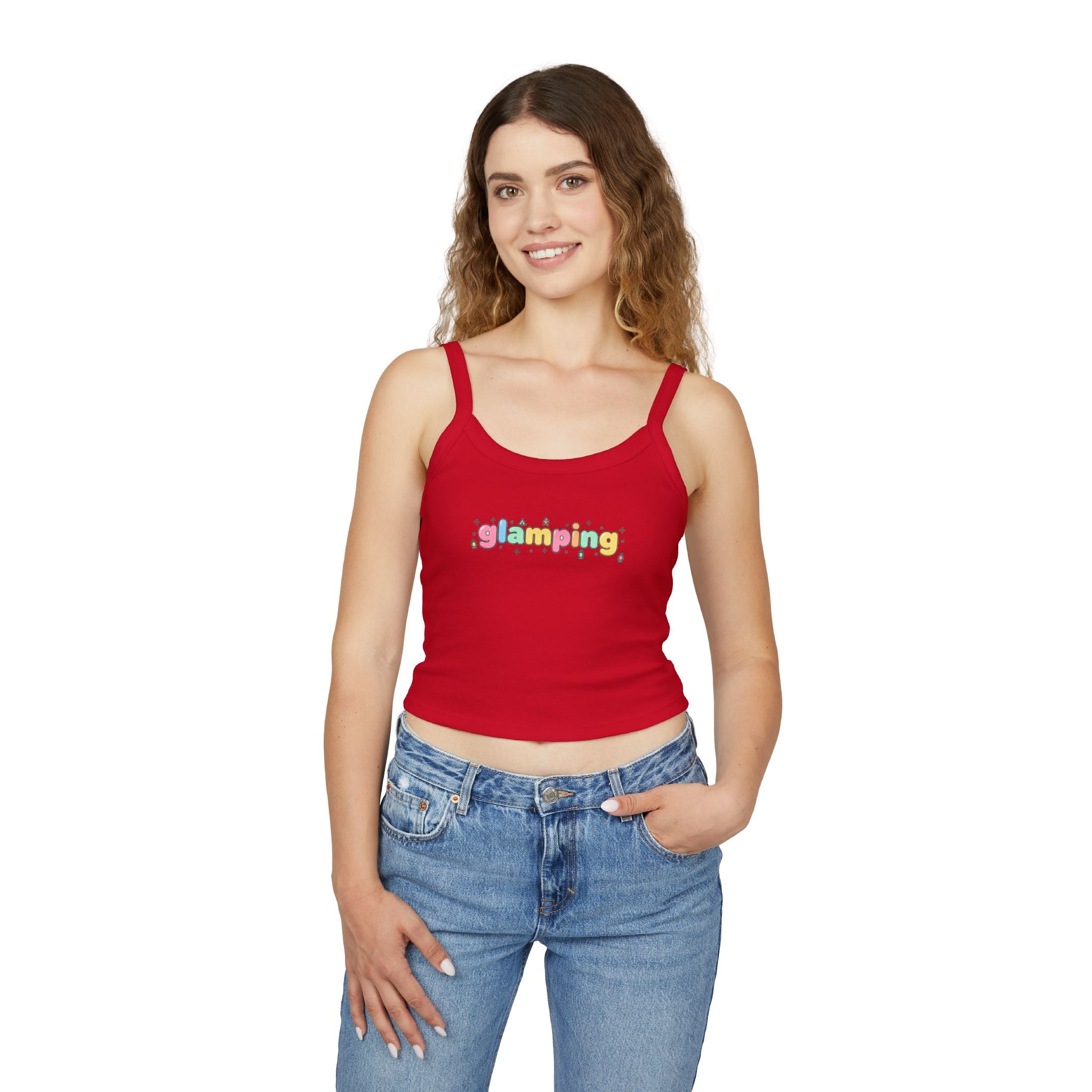 Glamping Graphic Tank Top - Cute Pastel 'glamping' Spaghetti Strap Crop
