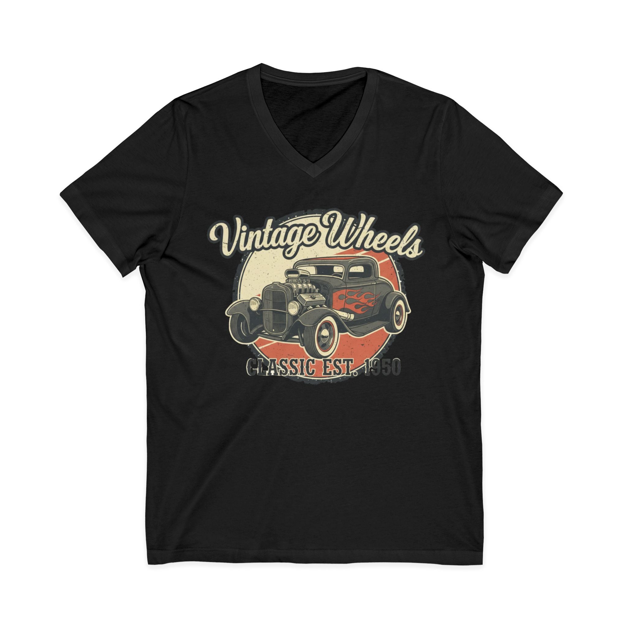 Vintage Wheels V-Neck Tee — Classic 1950 Hot Rod T-Shirt