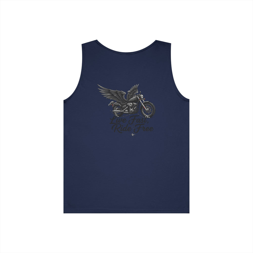 Motorcycle Tank Top — "Live Fast, Ride Free" Eagle Biker Graphic