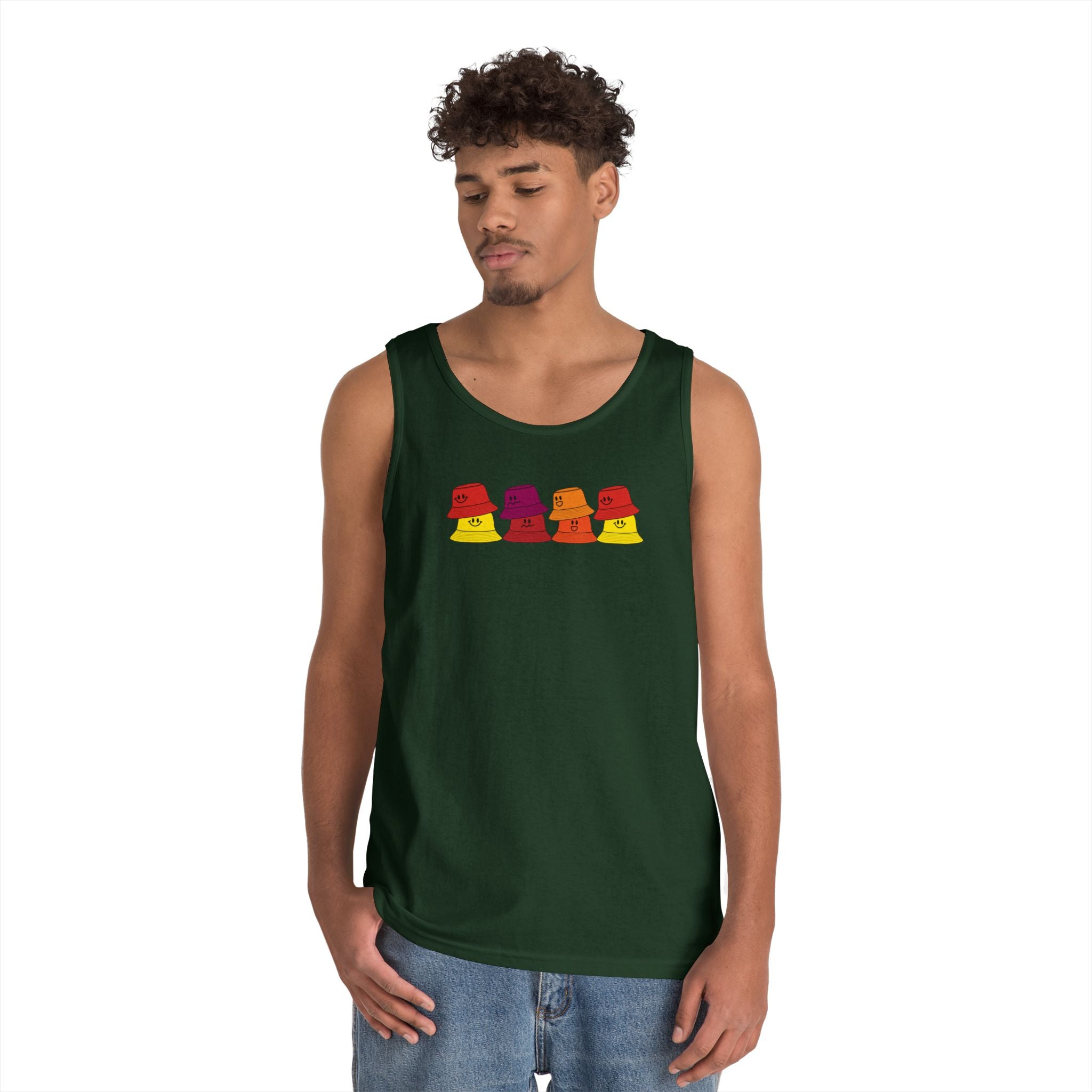 Retro Bucket Hat Graphic Tank Top — Colorful Vintage Summer Vibes