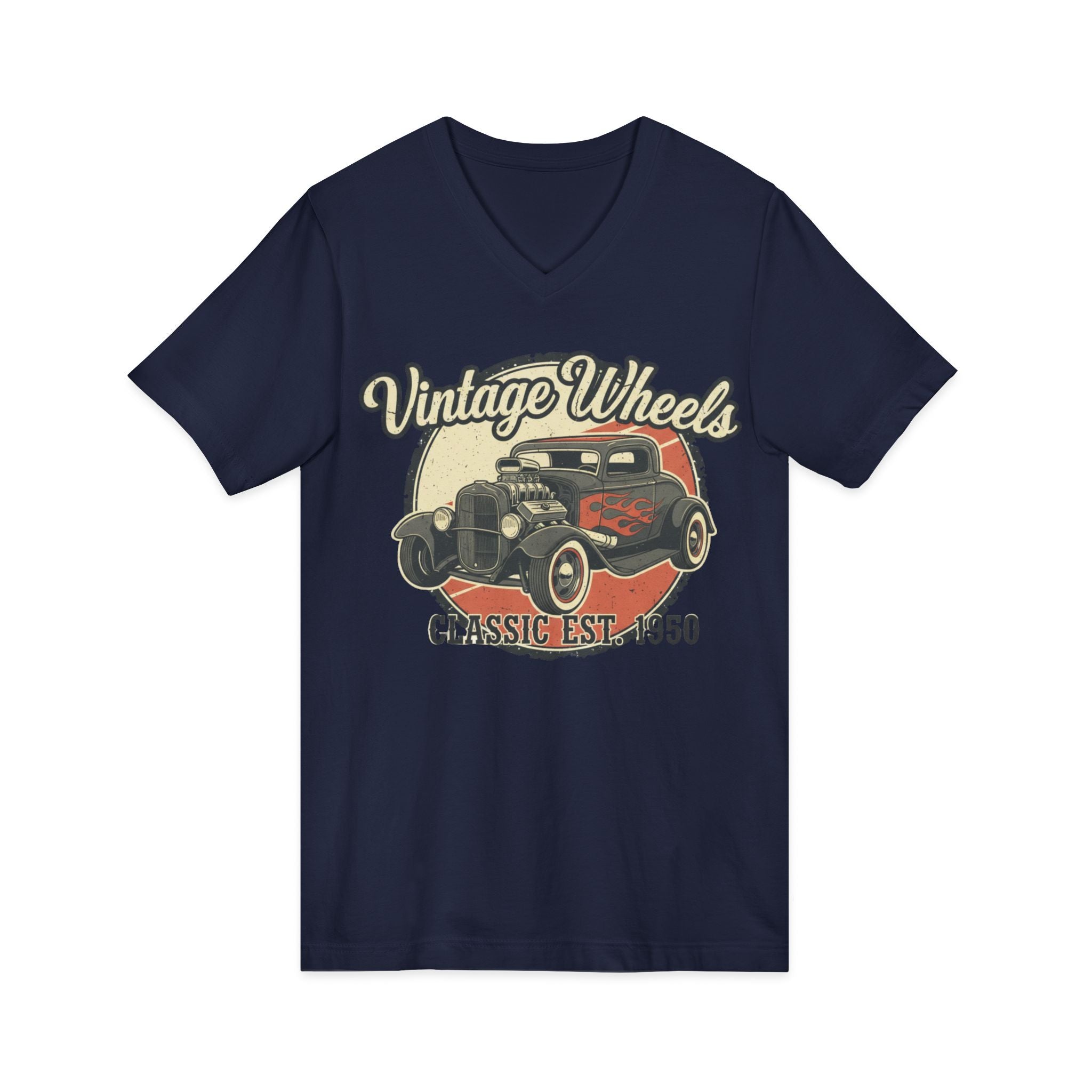 Vintage Wheels V-Neck Tee — Classic 1950 Hot Rod T-Shirt
