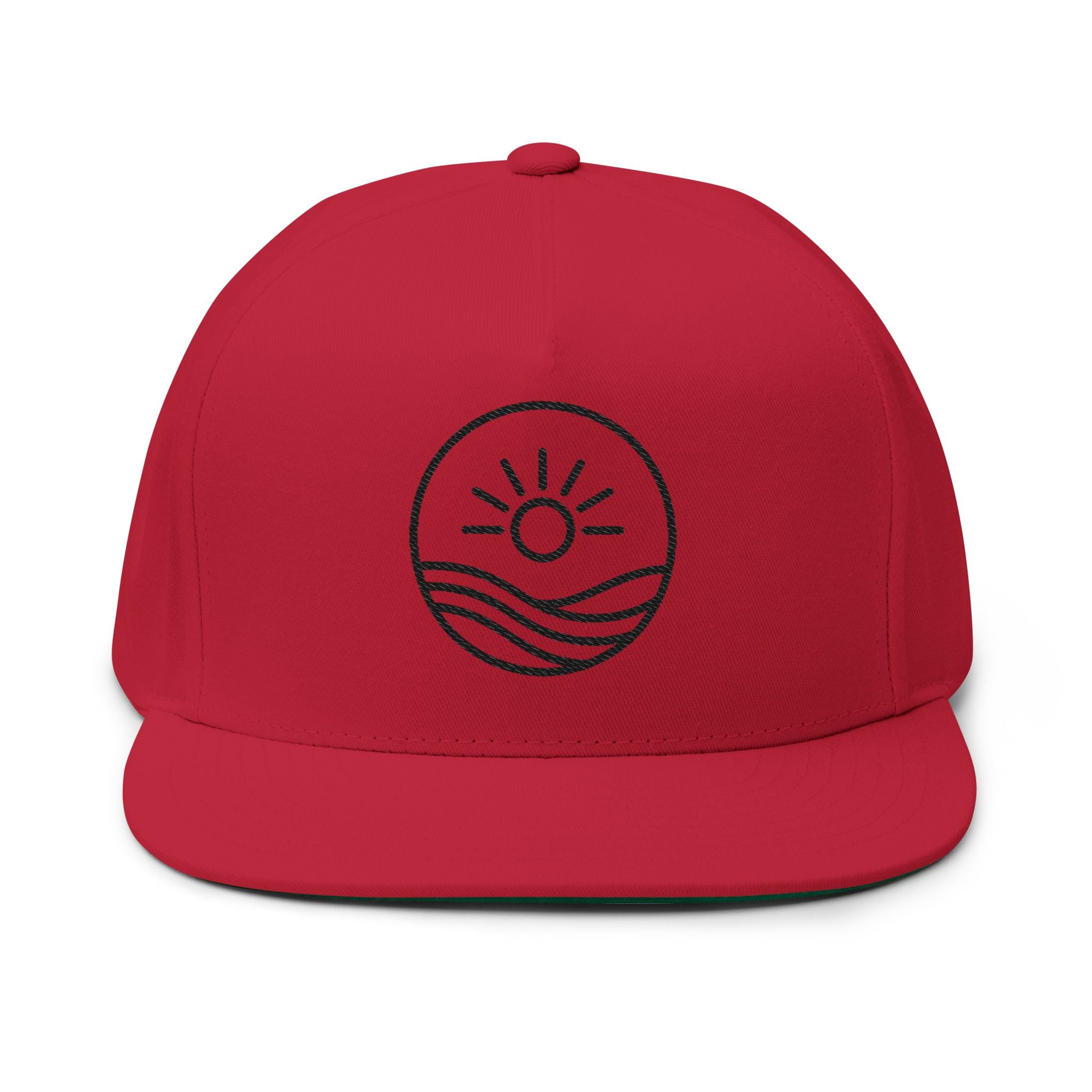 Embroidered Sun & Waves Flat Bill Cap — Snapback Trucker Hat