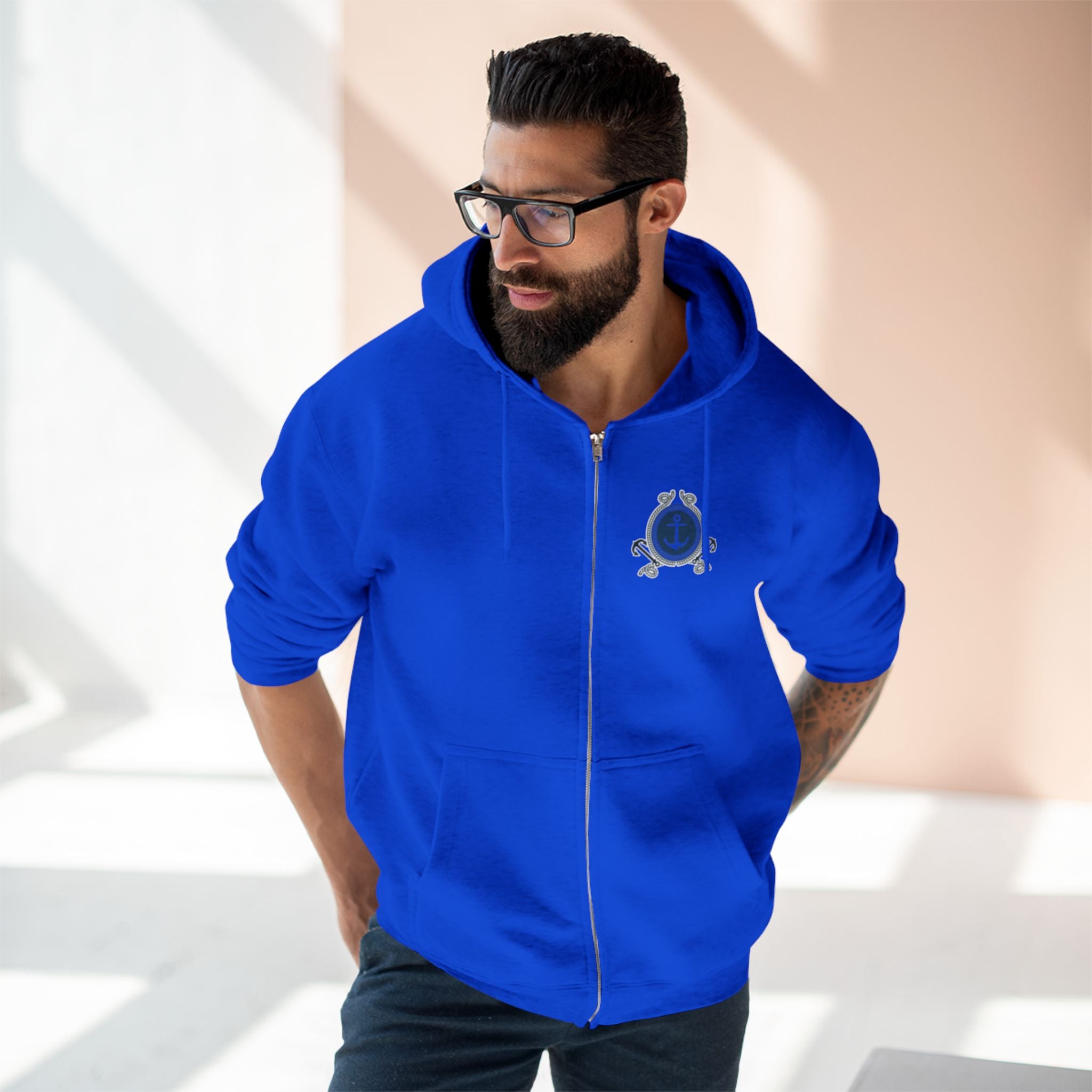 Nautical Anchor Zip Hoodie – Vintage Maritime Navy Crest